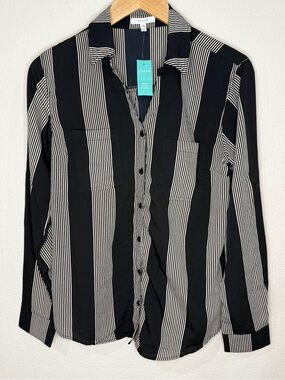 NWT Maurices Black/Tan Stripe Button-Up Shirt Convertible Sleeves Women’s Size M